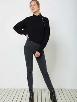 Mint Velvet Split Neck Chunky Cotton Jumper - Black