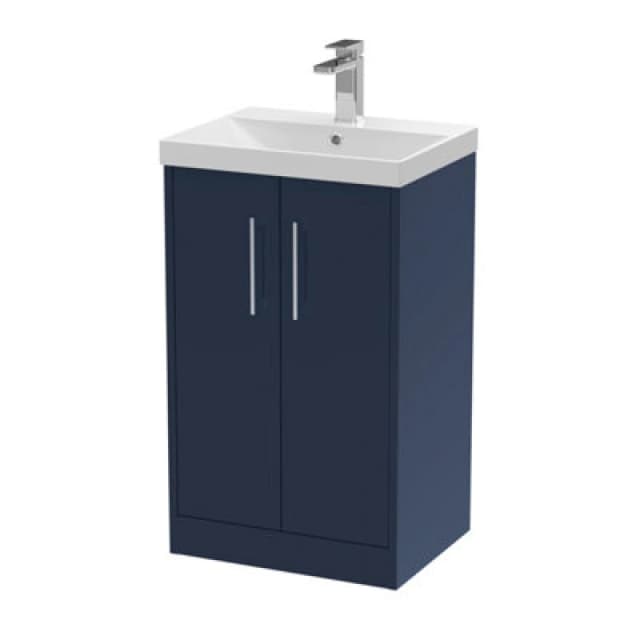 Hudson Reed Juno Floor Standing 2-Door Vanity & Thin-Edge 1 Tap Hole Basin, Refined Sink Vanity Unit, Midnight Blue