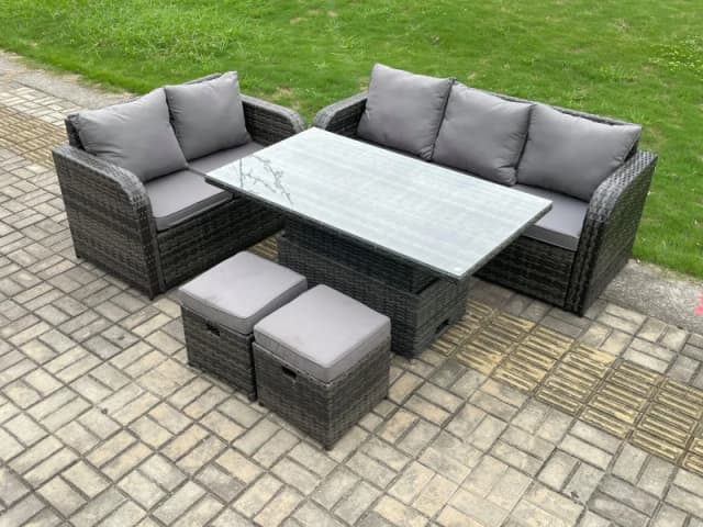 Fimous Outdoor Rattan Garden Furniture Sets Height Adjustable Rising lifting Dining Table Lounge Sofa Set With Love Sofa Dark Grey