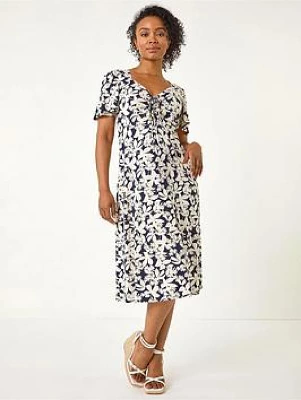Roman Womens Petite Floral Ruched Stretch Midi Dress in Navy Size: 8 Navy Female 8