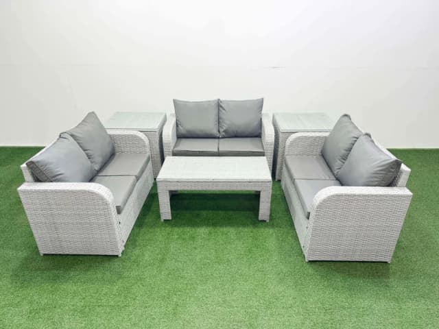Fimous 6 Seater PE Wicker Rattan Furniture Sofa Sets with Oblong Coffee Table 2 Seater Love Sofa 2 Side Table Light Grey Light Grey