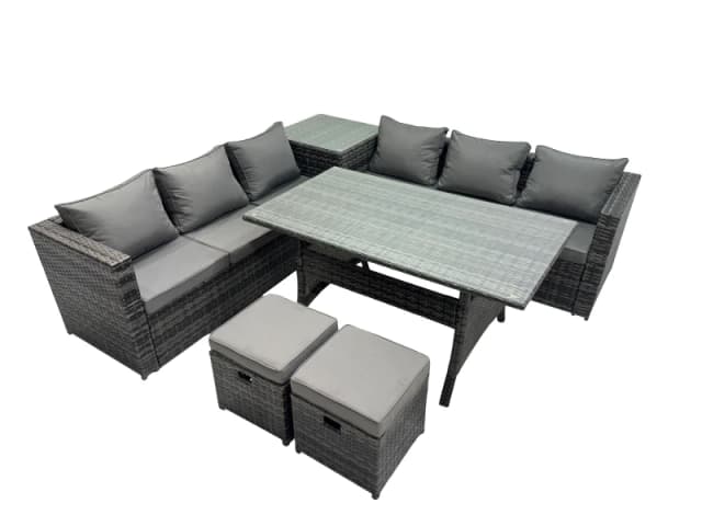 Fimous 8 Seater Garden Rattan Furniture Set with Side Table 2 Small Stools in Dark Grey Dark Grey Unisex