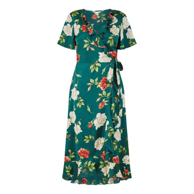 Yumi Yumi Green Satin Rose Print Wrap Dress Green 8