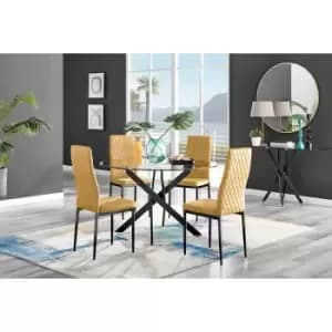 Furniture Box Novara Black Leg 120Cm Round Glass Dining Table and 4 Mustard Velvet Milan Black Leg Chairs