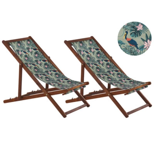 Beliani Set Of 2 Folding Deck Chairs Anzio With Replacement Fabrics Animal Motif Acacia Wood Dark Brown
