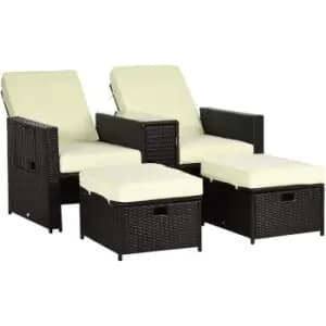 Recliner Rattan Sun Lounger w/ Storage Tea Table & Footstools, Balck - Black - Outsunny