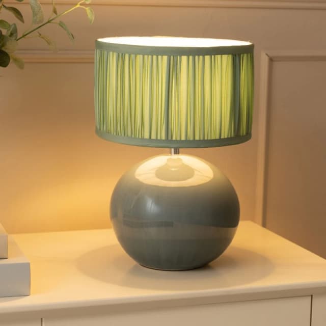 ValueLights Bosco Eucalyptus Ceramic Table Lamp with Ruched Pleated Fabric Drum Lamp Shade Pale Green