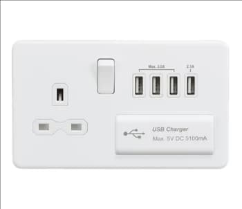 KnightsBridge Screwless 13A switched socket with quad USB charger (5.1A) - matt white