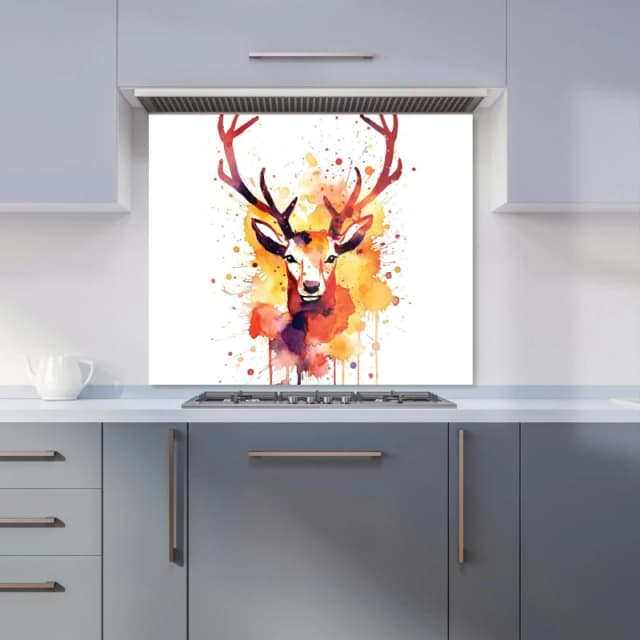 Warren Reed - Designer Watercolour Stag Face Kitchen Splashback in Orange Size: 600mm x 750mm Orange Unisex 600mm x 750mm