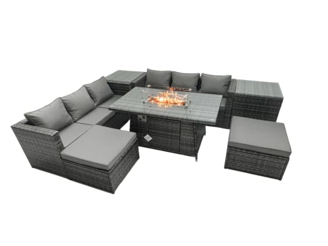 Fimous Rattan Garden Furniture Firepit Dining Set 6 Seater Lounge Sofa Table Set with 2 Side Tables 2 Footstool Dark Grey