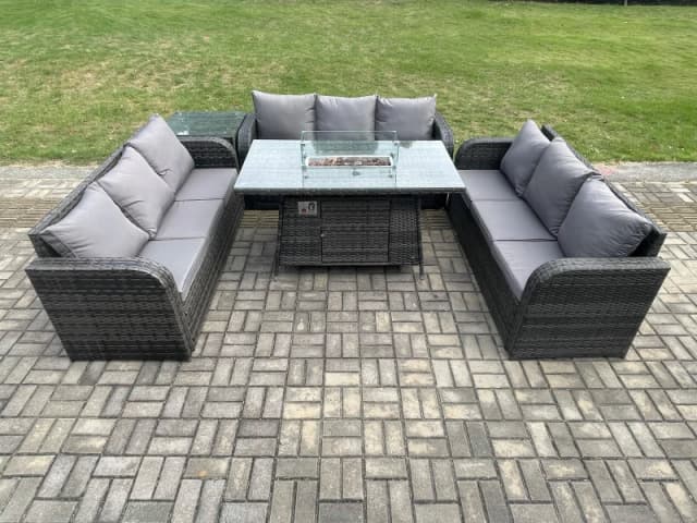 Fimous Rattan Furniture Garden Dining Set Gas Fire Pit Table With Side Table 3 Seater Sofa Dark Grey Mixed Dark Grey