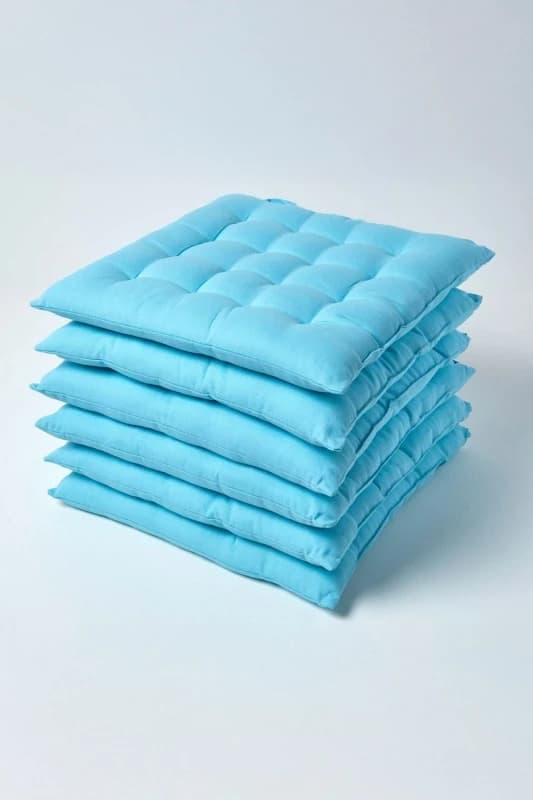 Homescapes Plain Seat Pad with Button Straps, 40 x 40cm, Set of 6 Light Blue