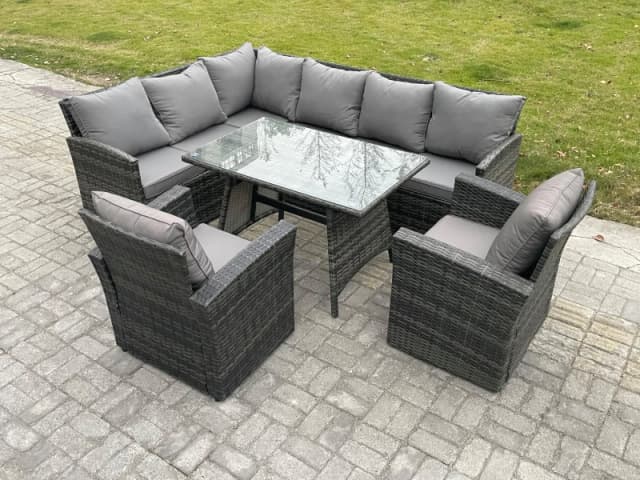 Fimous Rattan Garden Furniture Corner Sofa Set with Oblong Dining Table 2 Armchairs 8 Seater Outdoor Rattan Set in Dark Grey Dark Grey Unisex
