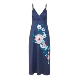 Yumi Navy Satin Slip Dress With Floral Design - Blue
