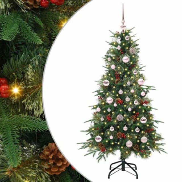 vidaXL Artificial Hinged Christmas Tree with Pink Balls Green 150cm PE and PVC, Green 3397408