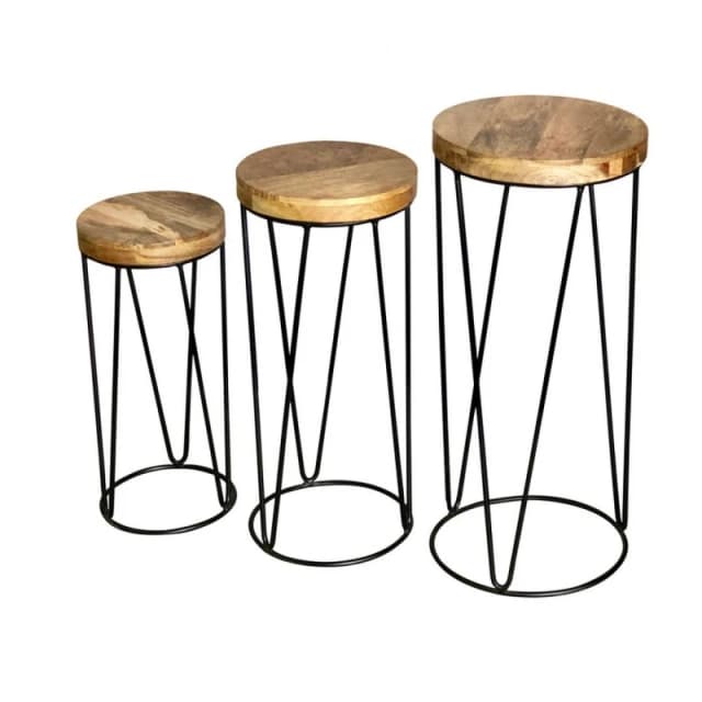 Jaipur Furniture Ltd Ravi Iron Base Solid Wood Top Round Stool (Set of 3) - L30 x W30 x H69cm - Mango Light Finish in Brown Brown Unisex