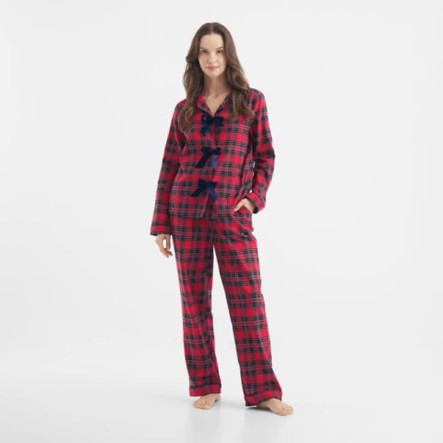Chelsea Peers Womens Bow Tie Long Sleeve Pyjama Set Red Check female 8 (XS)