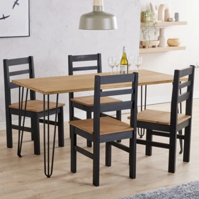 Core Products Augusta Antique Waxed Pine 150Cm Wide Dining Table With 4 Black Pine Chairs