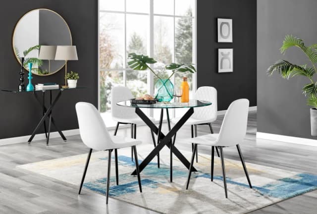 FurnitureboxUK FurnitureboxUK Novara 4 Seater Black Leg Round Glass Dining Table & 4 Corona Faux Leather Black Leg Chairs in White White One Size Unis