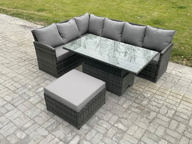 Fimous 7 Seater Rattan Garden Furniture Sets High Back Corner Sofa Height Adjustable Rising Lifting Table Set with Big Footstool Dark Grey Mixed Dark