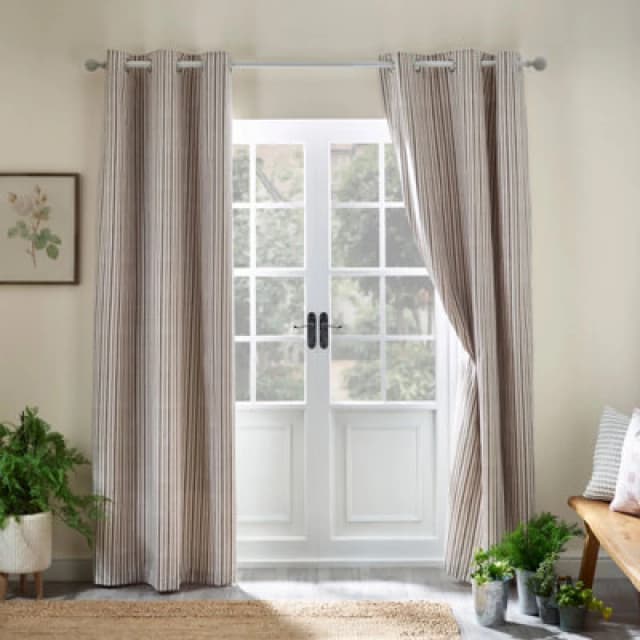 Catherine Lansfield Logan Stripe 46X54" Lined Eyelet Curtains Two Panels Natural