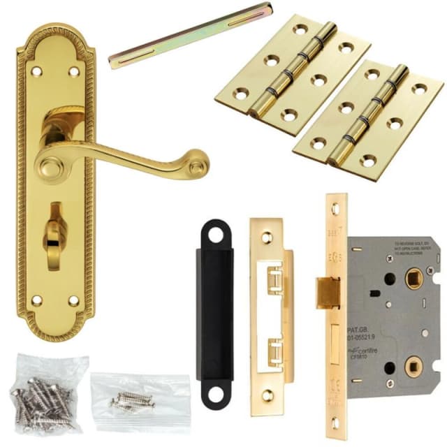 Loops Door Handle & Bathroom Lock Pack Brass Scroll Lever Thumb Reeded Backplate Metallics