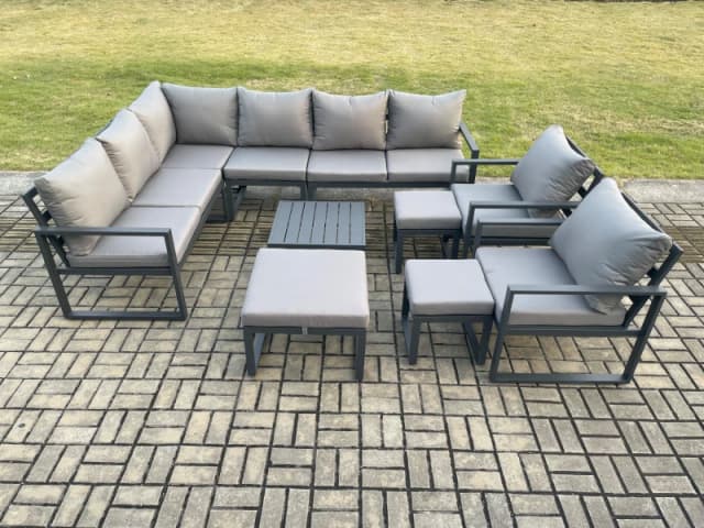 Fimous 11 Seater Outdoor Lounge Corner Sofa Set Aluminum Garden Furniture Sets with Square Coffee Table 2 Chairs 3 Footstools Dark Grey Dark Grey Unis