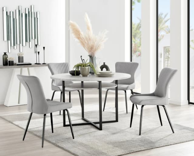 FurnitureboxUK FurnitureboxUK Adley Grey Concrete Effect Round Dining Table & 4 Nora Black Leg Velvet Chairs in Light Grey Light Grey One Size Unisex