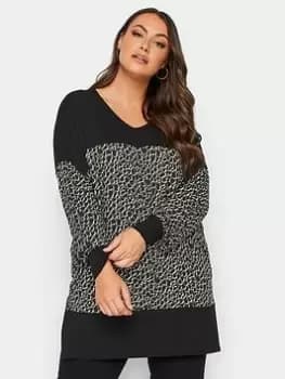 Yours Leopard Print Panel Long Sleeve Top, Black, Size 16, Women