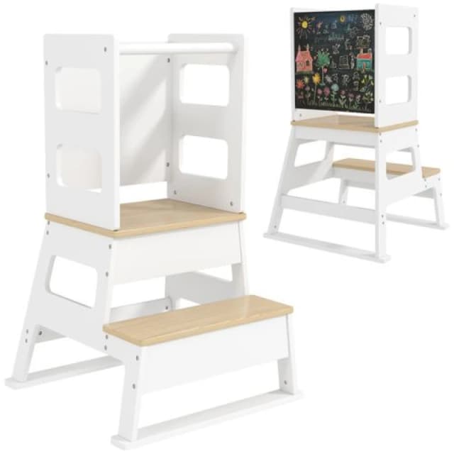 AIYAPLAY 2 in 1 Toddler Tower w/ Chalkboard - Safety Rail - for Kitchen - Sink TJ Hughes White 5063603773363
