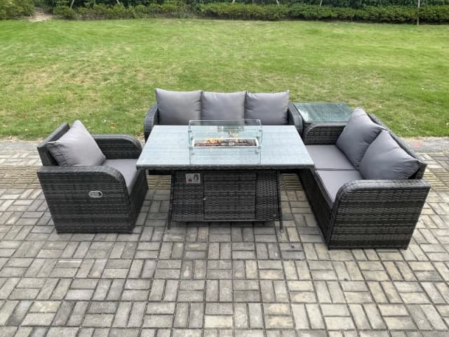 Fimous Garden Patio Furniture Wicker Rattan Gas Fire Pit Table and Sofa Chair set with Side Table Dark Grey