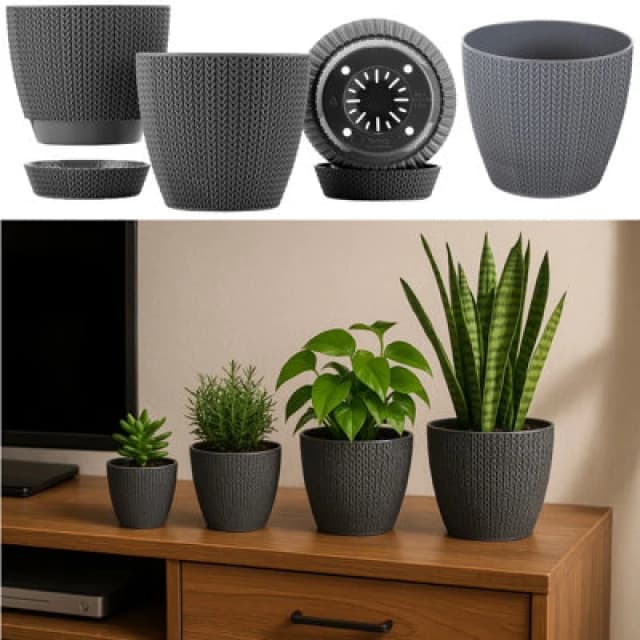 Gr8 Garden Set Of 4 Grey Sumela Knitted Flower Plant Pot Planter With Tray Indoor Garden