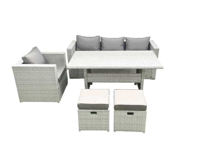 Fimous Garden Dining Set Outdoor Rattan Furniture Set with Sofa Dining Table Small Footstools Light Grey Mixed Light Grey