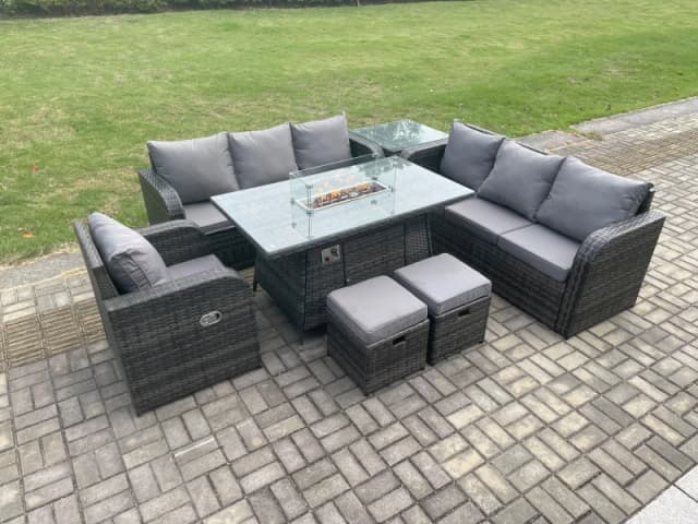 Fimous Rattan Outdoor Furniture Gas Fire Pit Rectangle Dining Table Gas Heater Reclining Chair 3 Seater Sofa Sets with 2 Small Footstools Dark Grey