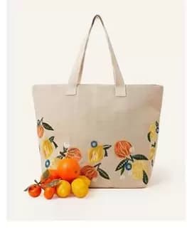 Accessorize Embroidered Orange And Lemons Beach Tote, Cream, Women