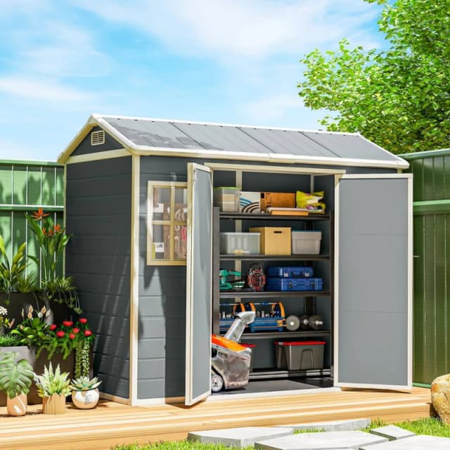 OUTSUNNY 8 x 4ft Resin Garden Shed with Floor, Lockable Doors in Light Grey Light Grey Unisex