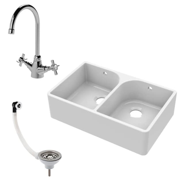 Balterley Fireclay 2 Bowl Full Weir Butler Sink Tap Waste 795mm White