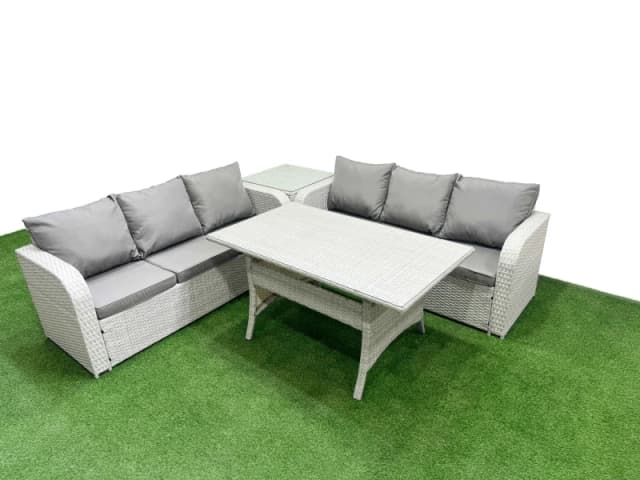 Fimous Outdoor Garden Furniture Sets 6 Seater Wicker Rattan Furniture Sofa Sets with Rectangular Dining Table high Back Lounge Sofa Side Table Light G
