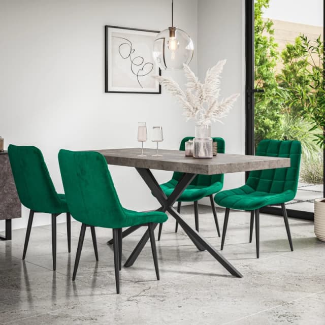 More4Homes Donni Dining Table And Chairs - Concrete Effect Table Top W Black Legs + Nova Velvet Dining Chair Set Of 4 (Green)
