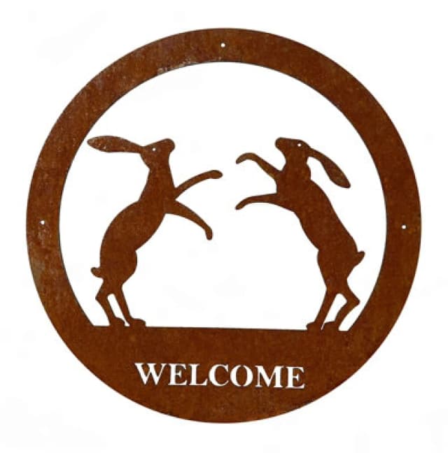 Poppy Forge Boxing Hares Small Wall Art - With Text - Steel - W29.5 X H29.5cm - Bare Metal/ready To Rust