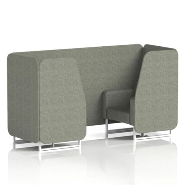 Brixworth 2 Seater Office Booth with Front Panel - White Legs in Rivet Fabric - Vitreous Panels and Sofa