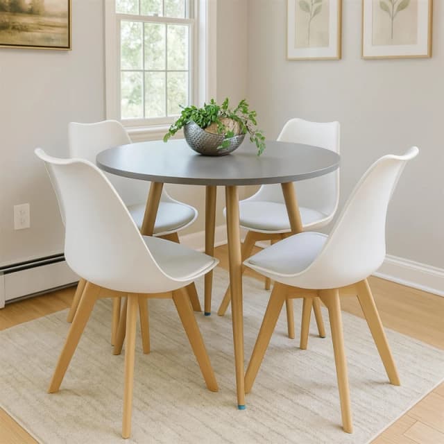 KOSY KOALA KOSY KOALA Dining Table and 4 Chairs Grey Round Wood Table 4 White Plastic Leather Chairs Dining Room Furniture Grey One Size Unisex 506071