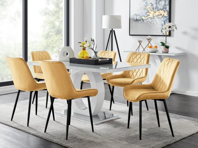 FurnitureboxUK FurnitureboxUK Giovani 6-Seater Grey Glass Dining Table and 6 Pesaro Soft Velvet Dining Chairs in Mustard Mustard One Size Unisex 50565
