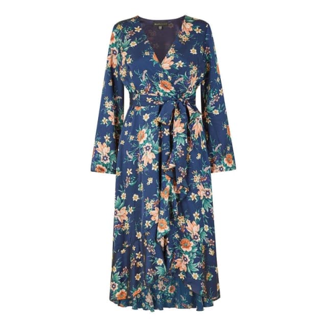 Mela London Mela London Navy Floral Print Satin Wrap Dress - Blue Blue 8