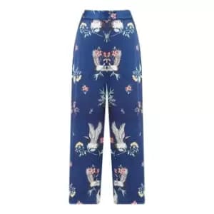 Yumi Navy Satin Crane Print Palazzo Trousers - Blue