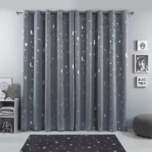 Dreamscene Star Blackout Curtains Pair Eyelet Ready Made Kids Silver - 46"x72"