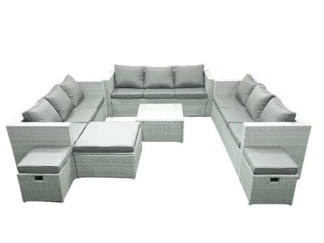 Fimous Rattan Garden Outdoor Furniture Set 12 Seater Rattan Garden Sofa Set with 3 Footstools Light Grey Mixed Light Grey