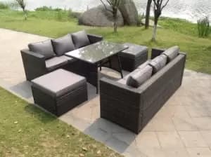 Fimous 6 Seater Outdoor Dark Grey Rattan Lounge Complete Sofa Set with Dining Table and 2 Big Footstool