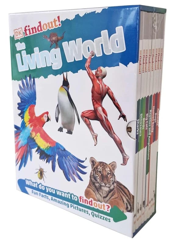 DKfindout!: The Living World Collection 8 Books Box Set (Animals, Bugs, Human Body, Reptiles and Amphibians, Big Cats, Birds, Dinosaurs & Sharks) DK B