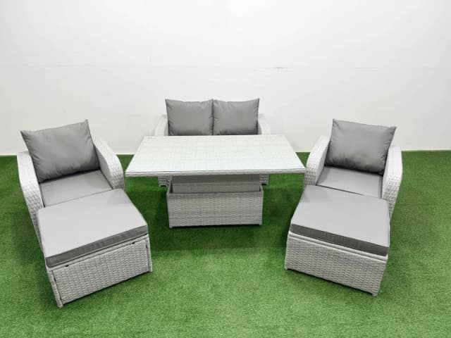 Fimous Light Grey PE Wicker Rattan Garden Furniture Set Sofa Set Reclining Chair Adjustable Lifting Dining or Coffee Table 6 Seater 2 Big Stools Light